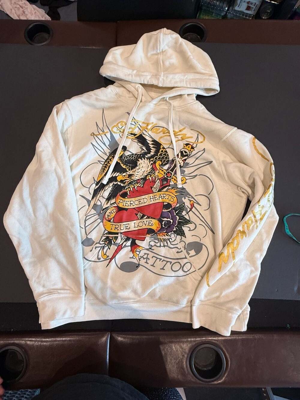 Ed Hardy Pierced Hearts & True Love Tattoo Eagle Ivory Pullover Hoodie